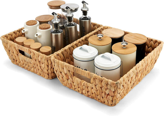 Water Hyacinth Wicker Baskets 2 Pack, Large Storage Basket With Handles for Organizing, Handmade Natural