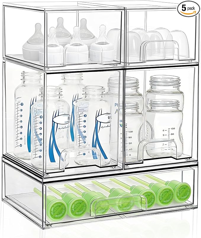 Bottle Storage Organizer Baby: Acrylic Stackable Storage Drawers | Clear Bottles Station Organizer for Countertop, Vanity, Bathroom, Cabinet Organization - 5 Pack by Saccik