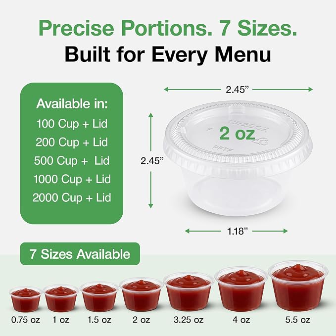 0.75-5.5 oz Plastic Portion Cups with Lids, 100-2000 Count, Dessert Cups with Lids, Jello Shot Cups with Lids, Small Plastic Cups for Salad Dressing & Condiments (200, 2.0, ounces) - Image 4