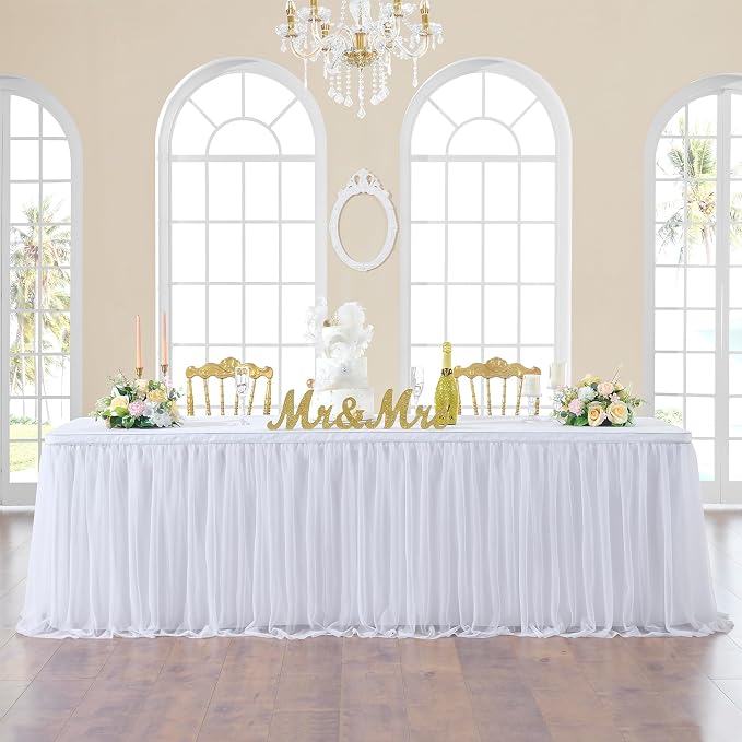 156in White Tulle Table Skirts for Rectangle Tables 8/6/4ft, 2-Layer Gold Grim Ruffle Tulle Tutu Cloth Table Skirt 13ft Long for Wedding Birthday Party Baby Shower Cake Dessert Tables(No Table Cover) by ENJOYYOURPARTY