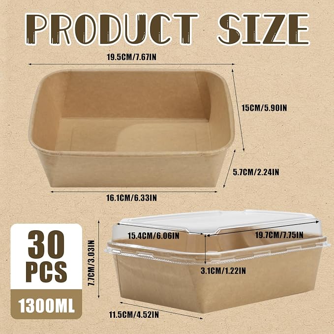 30 Pack Disposable Kraft Paper Food Trays With Clear Lids, 45oz | 8 x 6.5 x 3 inch Large Rectangle Take‑out Containers, Heavy‑duty Meal Storage Boxes for Food, Perfect for Next Day Lunch, Party - Image 4