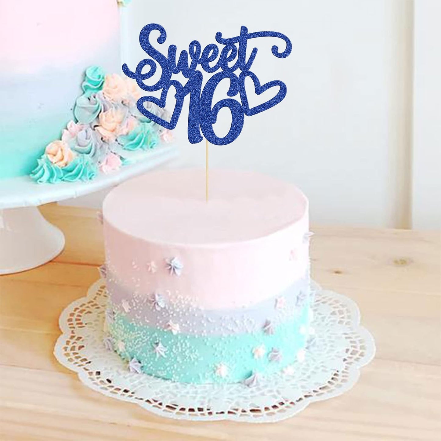 Gyufise 1Pc Sweet Teenager 16 Cake Topper Glitter 16th Birthday Cake Pick for Cheers to 16 Years Old 16th Birthday Party Cake Decorations Supplies Blue