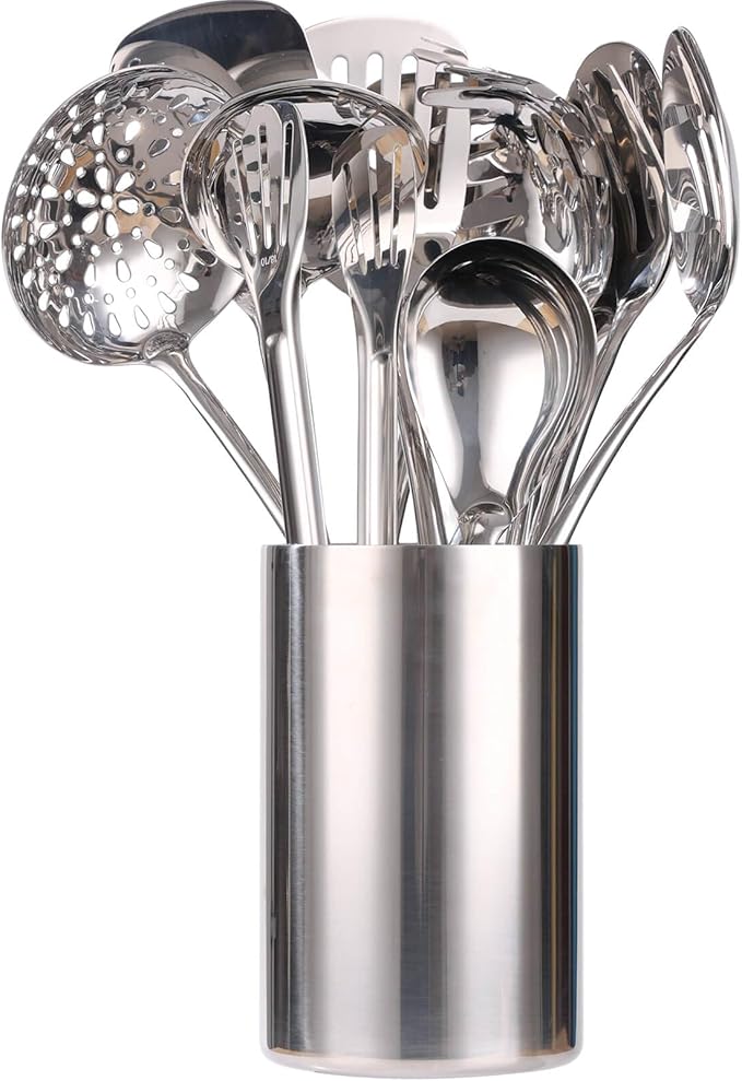 18/10 Stainless Steel Kitchen Utensils Set with Holder for Countertop | 15″ Spatula Spoon Set with Storage Organizer, 12-Pieces, Fork, Tongs, Spatula, Ladle, Skimmer, Turner, Spaghetti, Large Spoon by Standcn