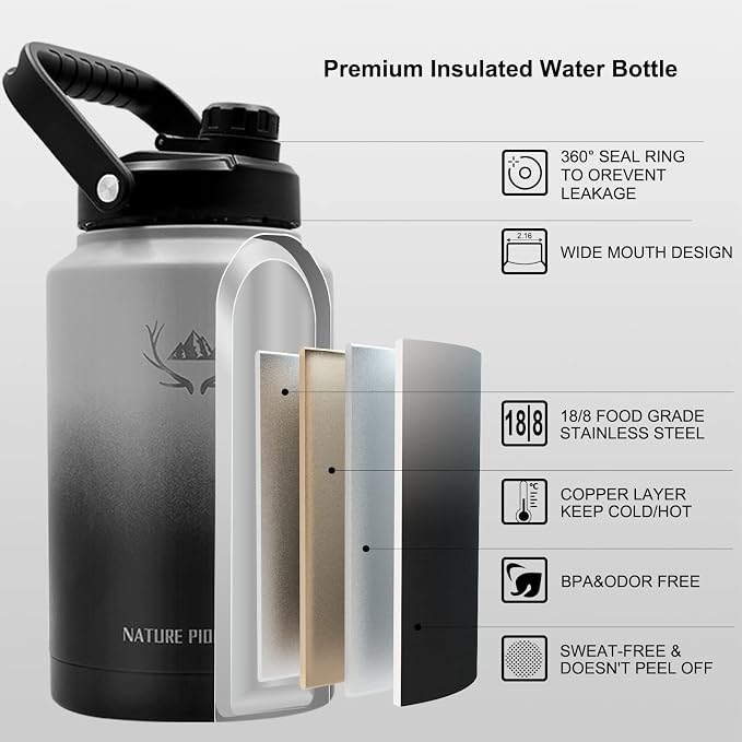 NATURE PIONEOR 1 Gallon (128oz) Insulated Water Bottle Jug with Carrier Bag | 18/8 Food-grade Stainless Steel, Double Vacuum Insulation, Wide-Mouth, Straw & Spout Lid, Strap, Camping, Hiking, Gym, Work - Image 3