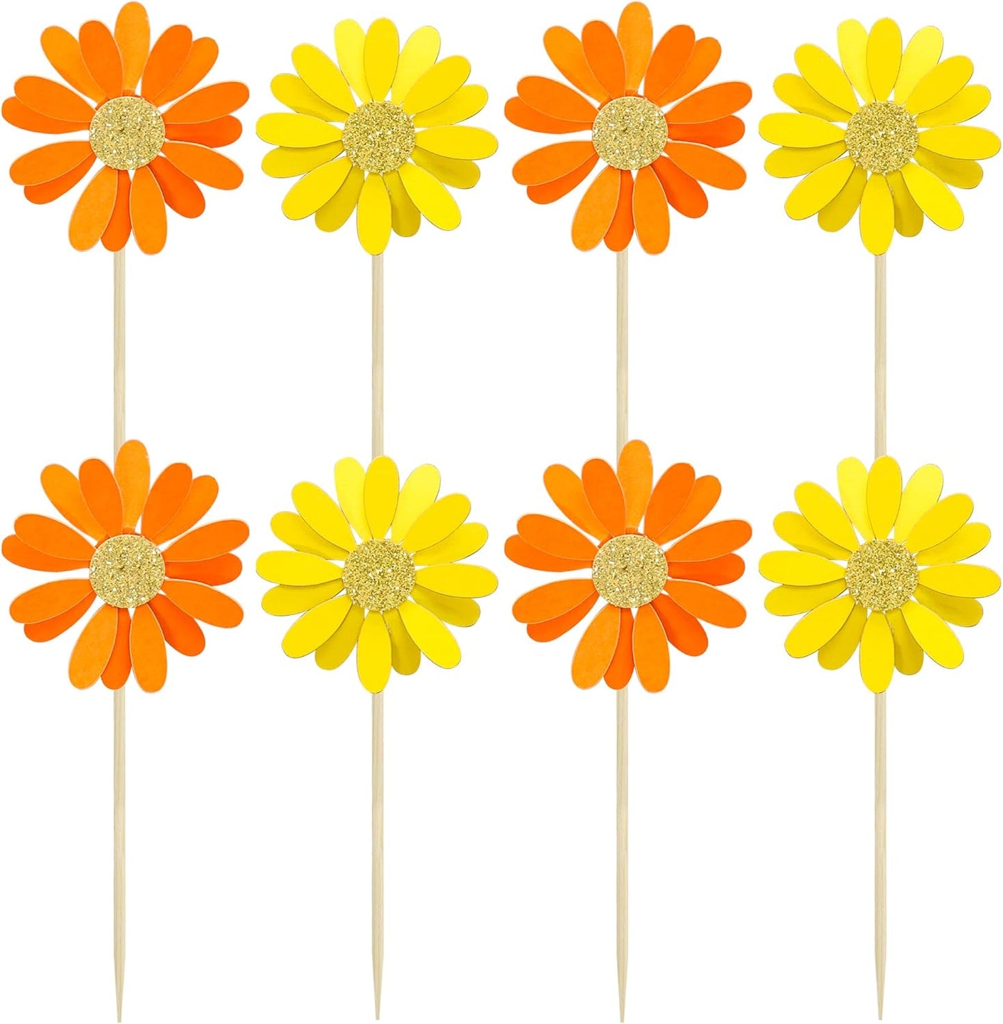 Ephlyn 24Pcs Orange Daisy Cupcake Toppers Flower Cake Toppers Daisy Cake Decorations Chrysanthemum Cupcake Toppers Spring Daisy Flower Cake Picks for Birthday Wedding Supplies