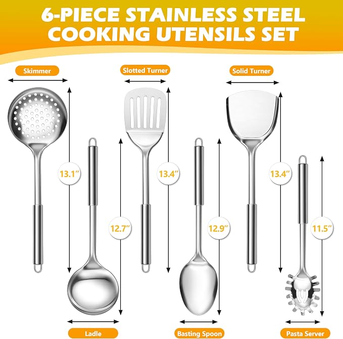 E-far Stainless Steel Kitchen Utensil Set of 6, Metal Cooking Utensils - Image 2