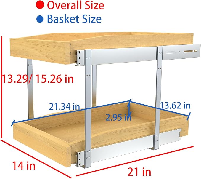 2 Tier Pull Out Cabinet Organizer, 14"W x 21"D Solid Wood Heavy-Duty Base Bottom Assembly Slide out Drawer Shel Cabinet Organization for Kitchen, Pantry, Bathroom - Image 2
