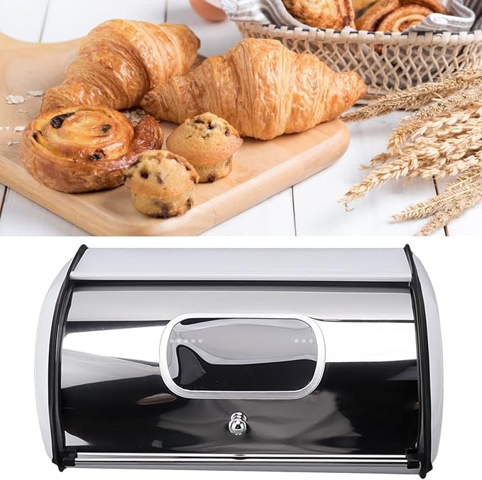 Bread Box, Metal Bread Bin Box, Bin with Roll Top Lid Holder Storage and Organizer for Kitchen Countertop for Home and Kitchen (White) - Image 4