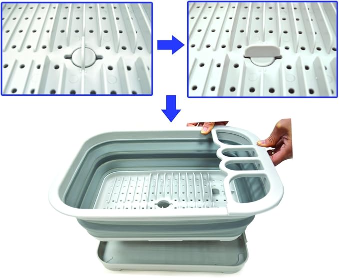 SAMMART Set of 2 Collapsible Dish Drainer with Drainer Board - Foldable Drying Rack Set - Portable Dinnerware Organizer - Space Saving Kitchen Storage Tray (2, Grey) - Image 7