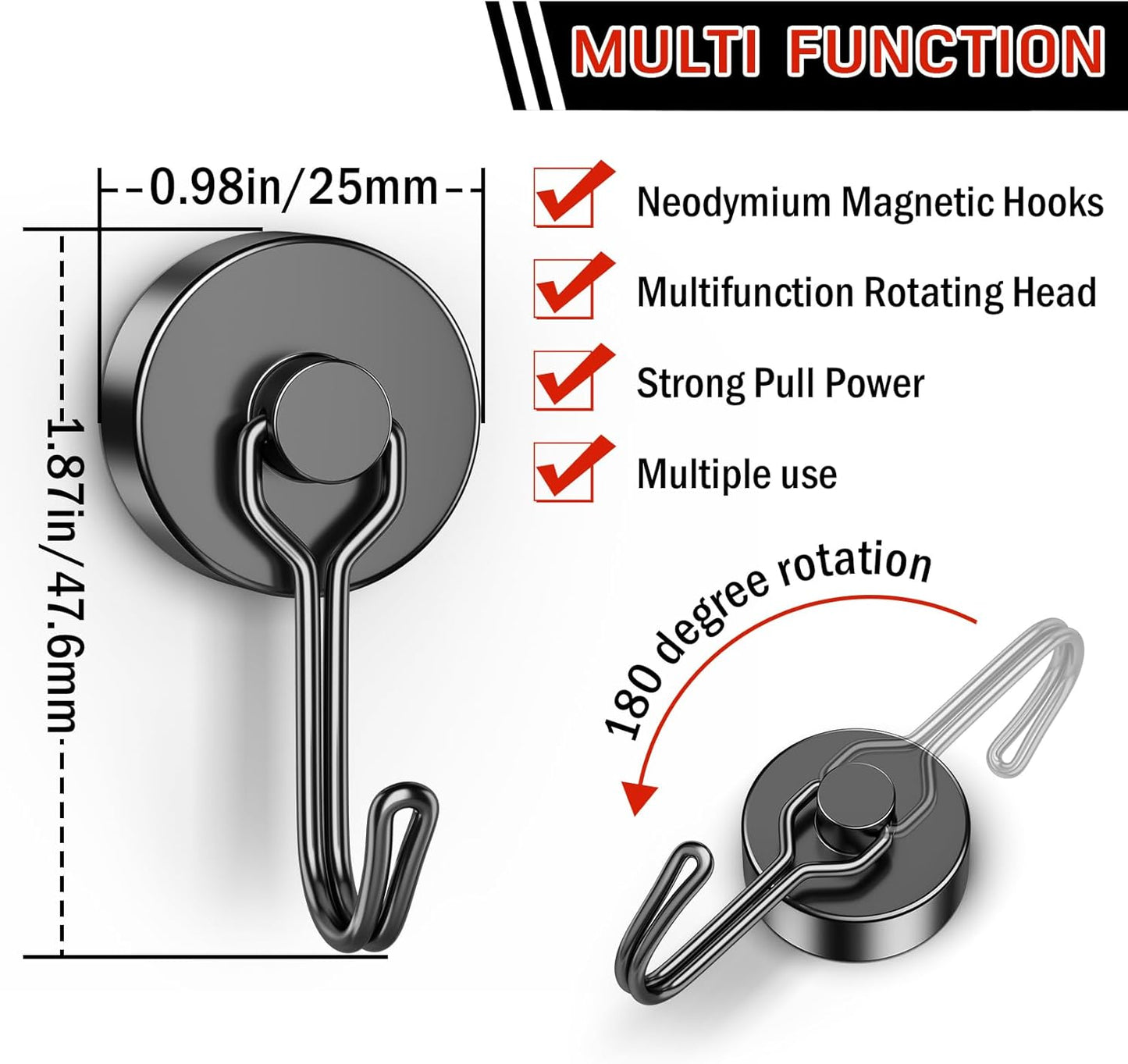 FINDMAG Strong Magnetic Hooks, 60lb+ Magnetic Hooks for Cruise Cabins, Rare Earth Magnet with Hook for Fridge, Magnetic Hook for Hanging Heavy Duty, Magnetic Hangers for Locker, Toolbox, Wall, Home
