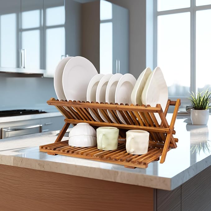 Utoplike Large Teak Dish Drying Rack, Wood Collapsible Organizer for Plates - Image 7