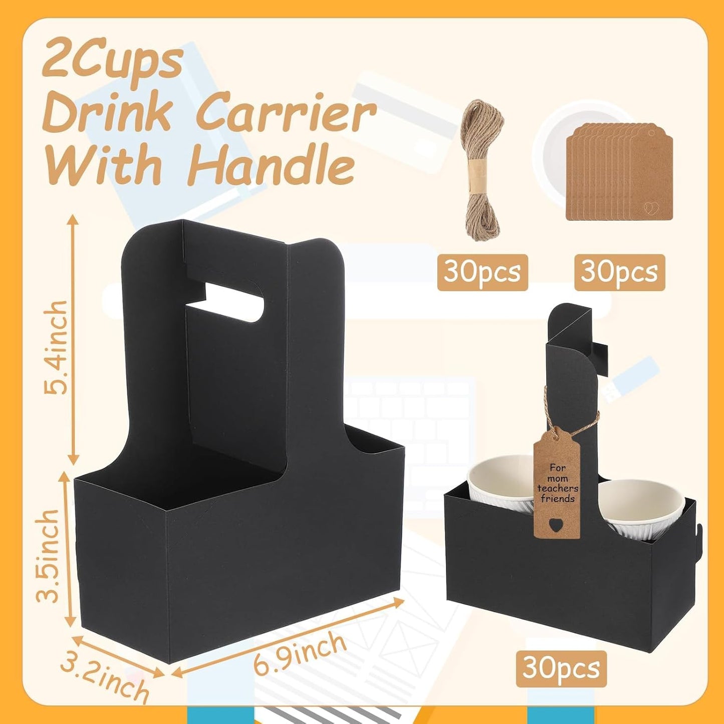 30 Pack 2 Cup Disposable Drink Carrier with Handle Paperboard Coffee Cup Holder Portable for Hot Cold Drinks Food Delivery Services with Heart Card for Teacher Appreciation Week Mother's Day