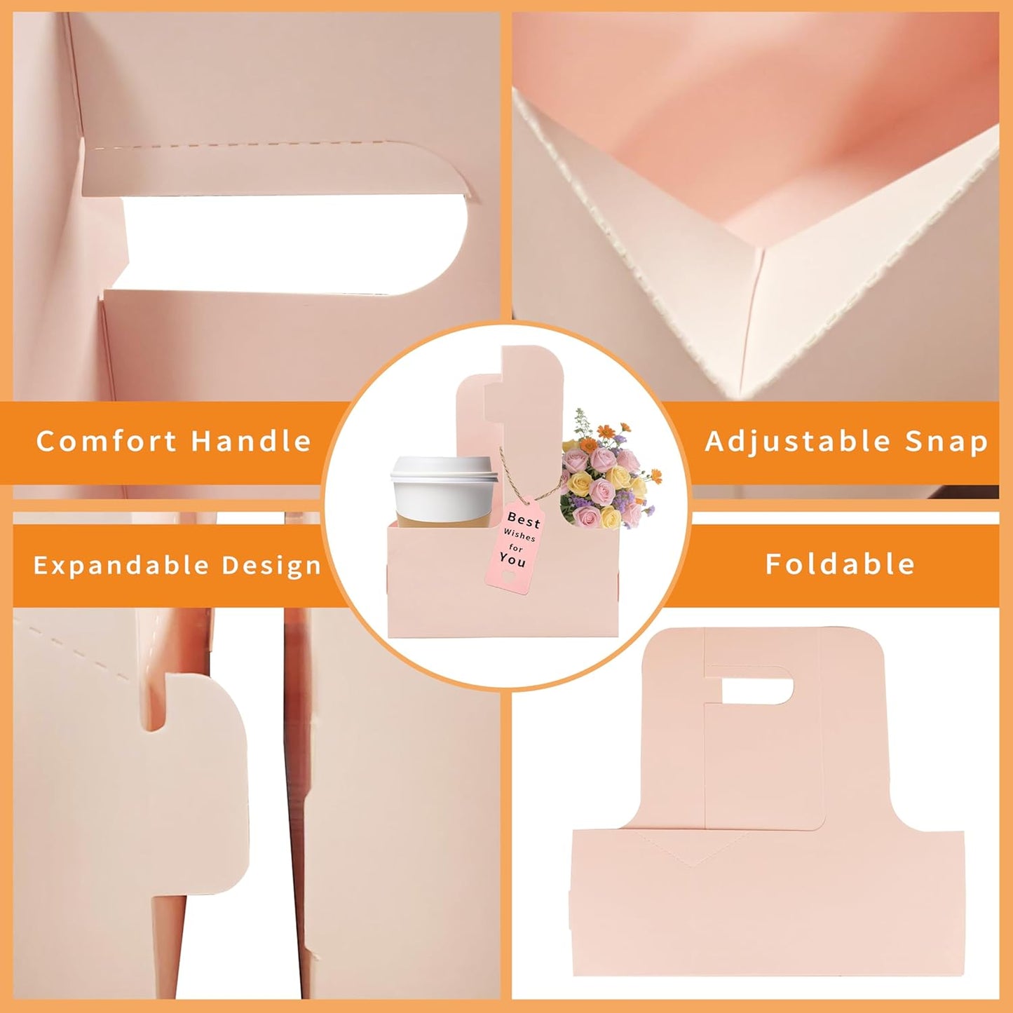 2 Cup Drink Carrier,32 Pack Coffee Cup Holders with Handle,Cardboard Cup Holders for Hot or Cold Drinks,Coffee Carrier with Ribbon and Card,Food Delivery Services and Bouquet(Pink)