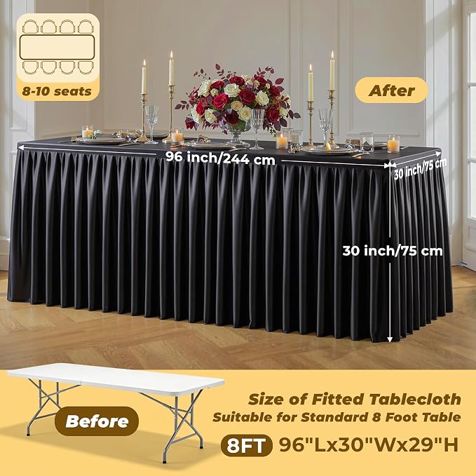 Black Polyester Table Cloths for Rectangle 8 Foot Tables, 2 Pack Wrinkle Free Tablecloths Stretchy Banquet Ruffle Fitted Table Cover Desk Skirt for Parties Wedding Birthday Baby Shower - Image 4