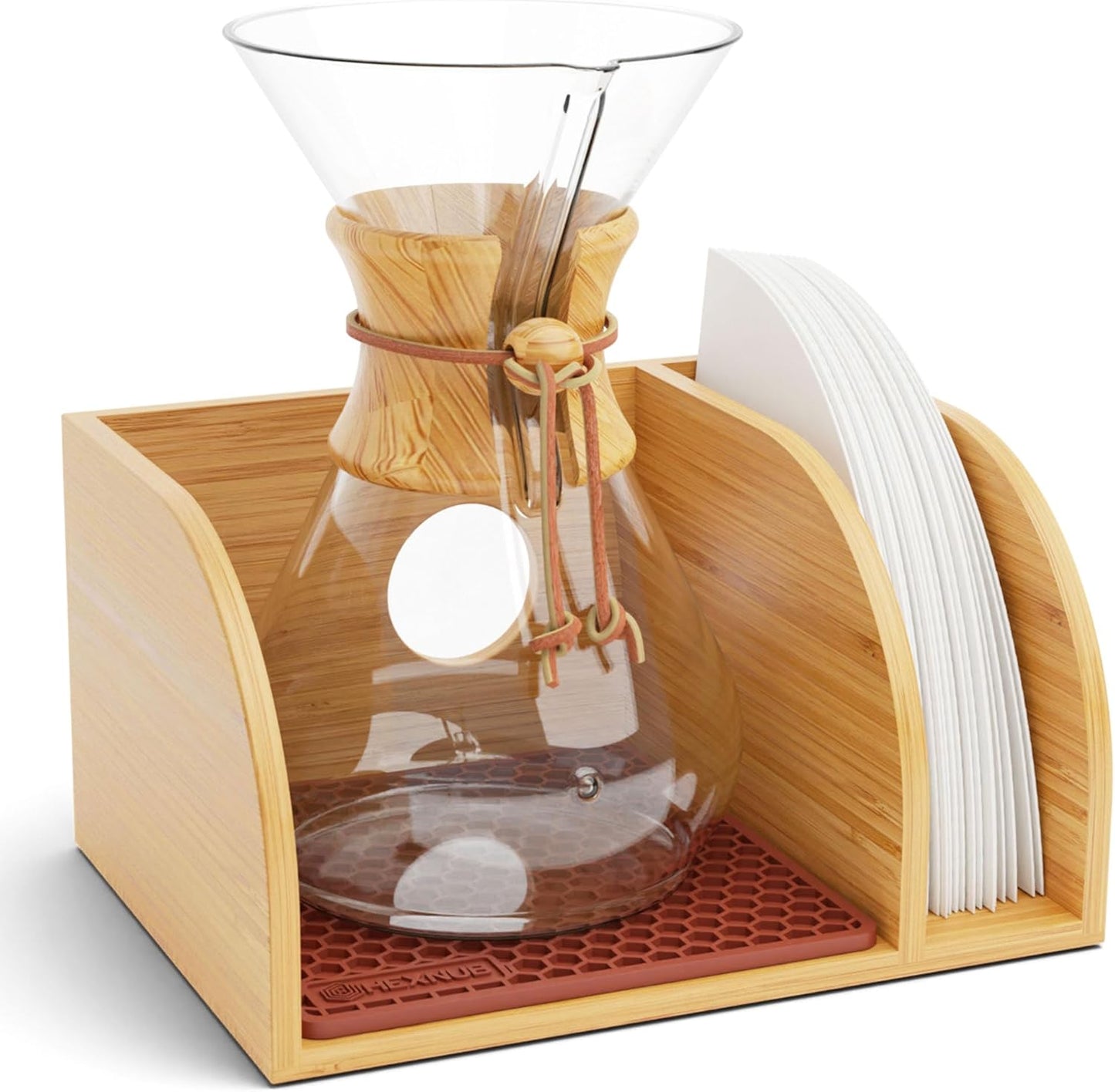 HEXNUB Bamboo Caddy for Pour Over Coffee Maker, Fits Chemex, Bodum, Cosori, Heatproof Mat, Filter Holder