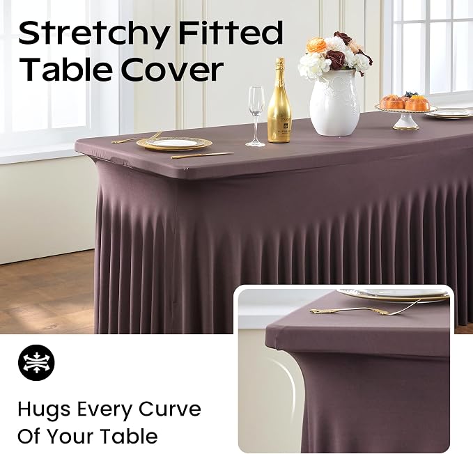 CO-AVE 2pack Brown Spandex Tablecloths 8ft for Rectangle Tables, Wrinkle Free Classy Table Skirt Stretchy 8 Foot Fitted Table Cloths Covers for Weddings Birthday Party Events Banquette Baby Shower - Image 4