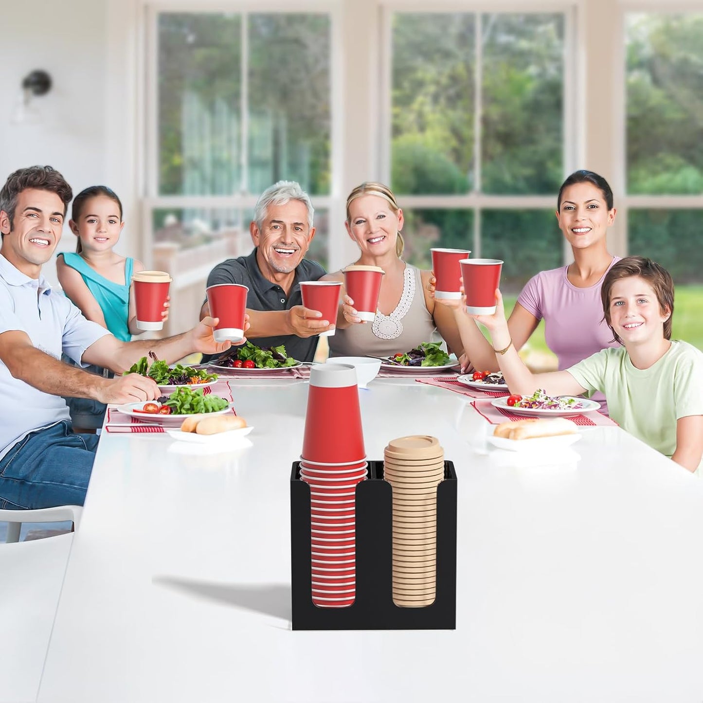 WINFFOR Disposable Cup Organizer Dispenser - 2 Compartments Black Acrylic Cup and Lid Holder with Handles Plastic Cup Dispenser Countertop Paper Cup Holder for Coffee Bar House Party Essentials