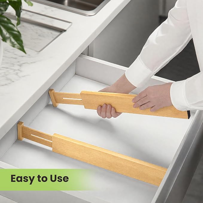 Fyvva Drawer Organizer, Spring-Loaded Expandable Bamboo Dividers 4-Pack | Large Kitchen Drawer Organizer, Adjustable 16.9 to 22.2 in, 2.3in High Non Slip for Kitchen Clothes Bathroom Office Natural - Image 5