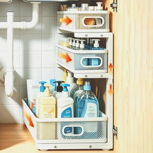 1 Pack 3 Tier Under Sink Organizer with Pull Out Drawer, Height Adjustable Heavy Duty Metal Under Cabinet Organizer, Smooth Sliding Storage Shelf for Kitchen, Bathroom Cabinet Organization, White by Unknown