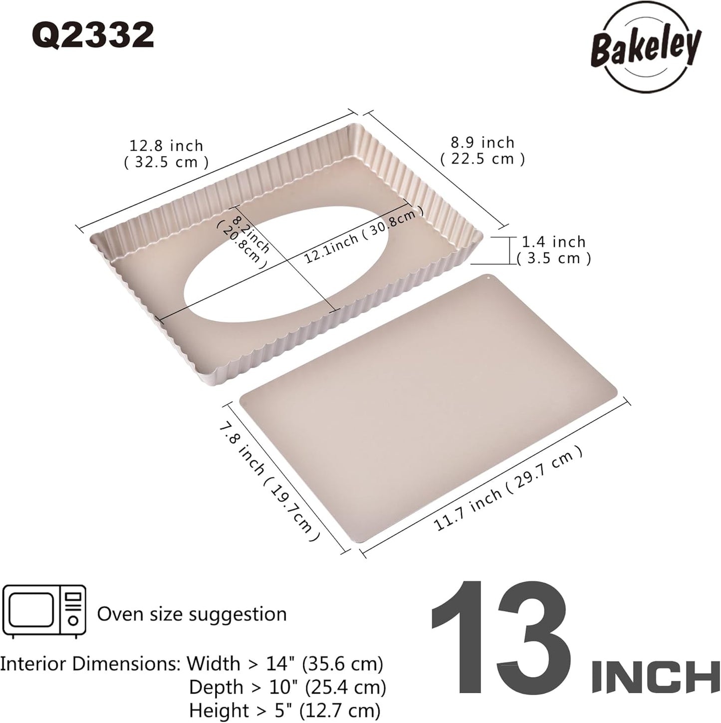 Rectangle Tart Pan, 13-Inch with Removable Loose Bottom Non-Stick Oblong Quiche Bakeware for Oven Baking (Champagne Gold)