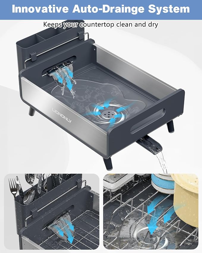 Dish Drying Rack with Drain Board, 304 Stainless Steel Core, Aluminum Rustproof Frame, Anti-Slip Elevated Feet, Removable Adjustable Spout, Utensil Holder, Gray - Image 2