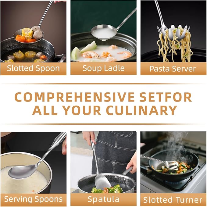 Stainless Steel Kitchen Utensil Set, 6-Piece Cooking Tools with Slotted Spoon, Soup Ladle, Pasta Server, Serving Spoons, Spatula, Slotted Turner, Non-Toxic Easy to Clean, Large Size, Silver - Image 6