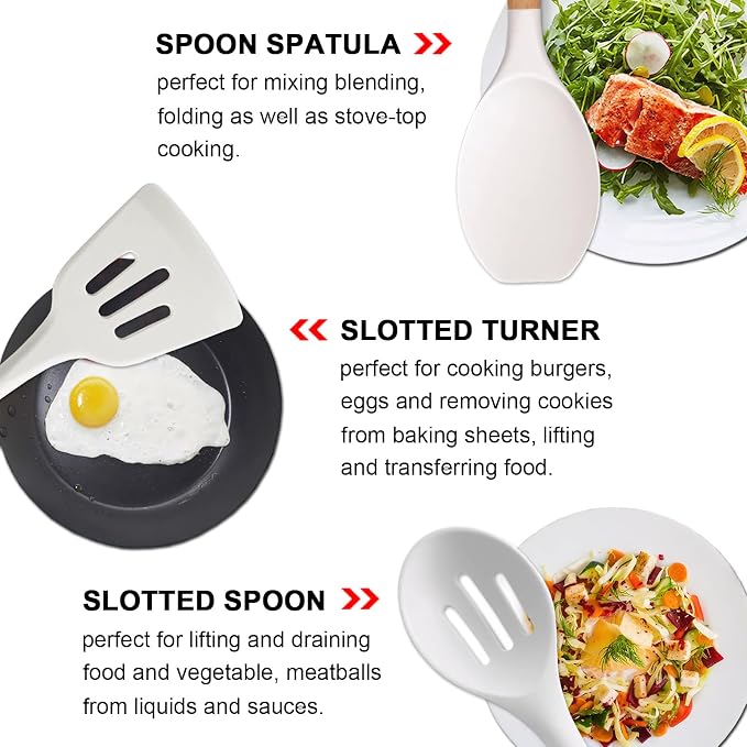 Kitchen Cooking Utensils Set 6Pcs Non-Stick Silicone Kitchen Utensils Spatula Spoon Turner Ladle Pasta Server, Heat Resistant Wooden Handle Silicone Cooking Gadgets Sets for Cookware & Baking - Image 5
