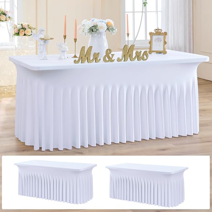 NSSONBEN 2 Pack White Spandex Tablecloth 6ft with Pleats Skirt, Wrinkle Free High Stretch Fitted Tablecloths for 6 Foot Rectangle Tables, Elastic Spandex Table Covers 6ft for Parties Weddings Banquet by ENJOYYOURPARTY