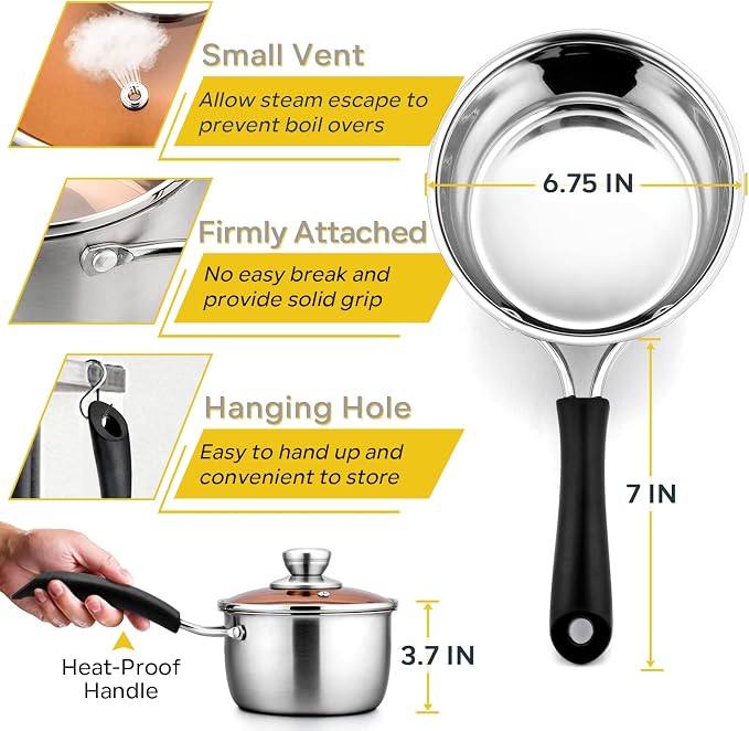 E-far 2 Quart Saucepan with Lid, Stainless Steel Small Pot for Cooking - Image 2