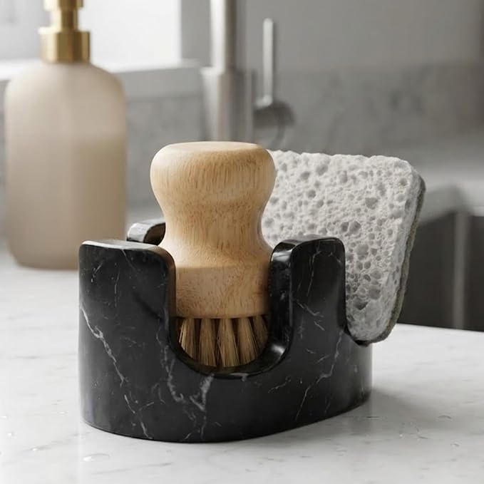 Black Marble Sponge Holder for Kitchen Sink, 2-in-1 Natural Stone Sponge & Brush Holder with Raised Edge, Keeps Countertops Dry, Heavy & Stable, Non-Slip Base, Modern Luxury Kitchen Decor by BekPooQ