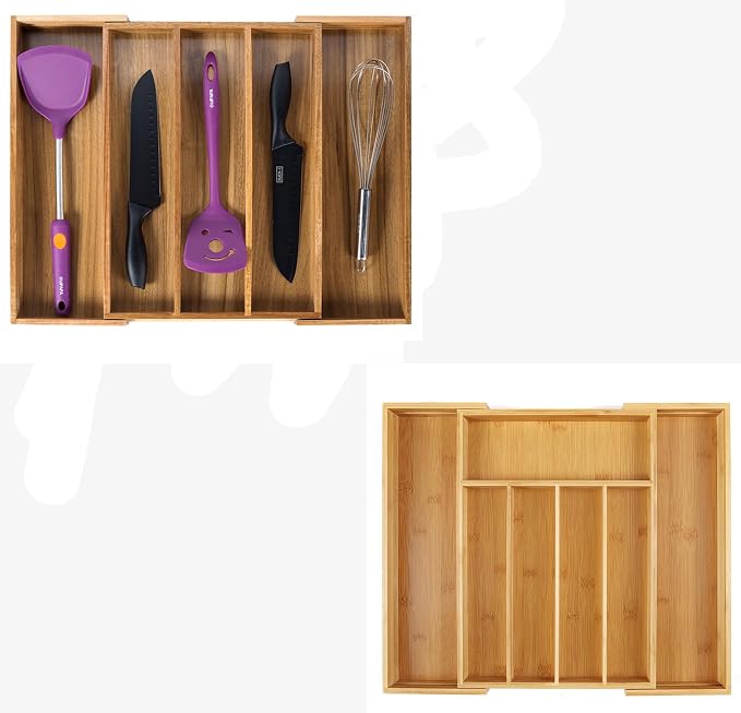 Utoplike Bamboo Silverware Tray Acacia Kitchen Drawer Organizer Expandable by Utoplike