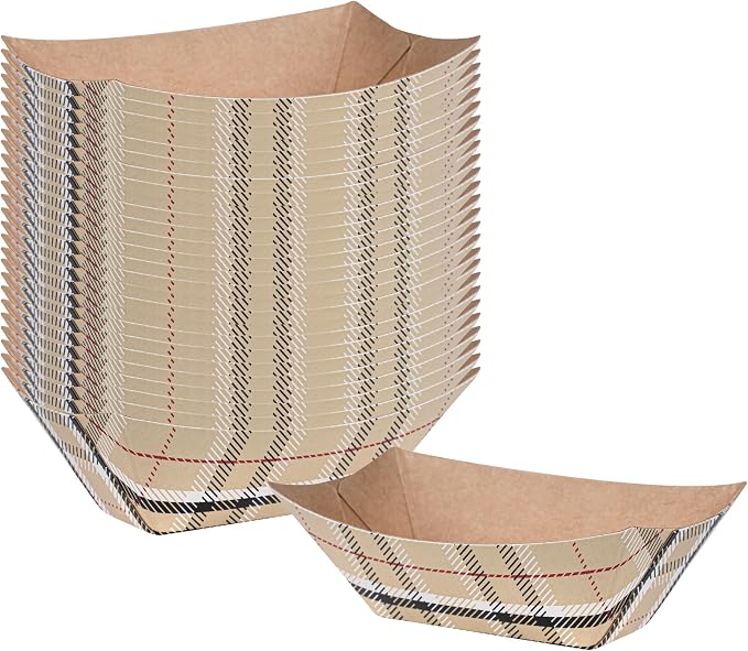 Restaurantware-Bio Tek 2 Ounce Food Boats, 50 Disposable Paper Food Trays - Heavy-Duty, Greaseproof, Plaid Paper Food Boats, for Snacks, Appetizers, Or Treats, Use At Parties Or Carnivals by Restaurantware