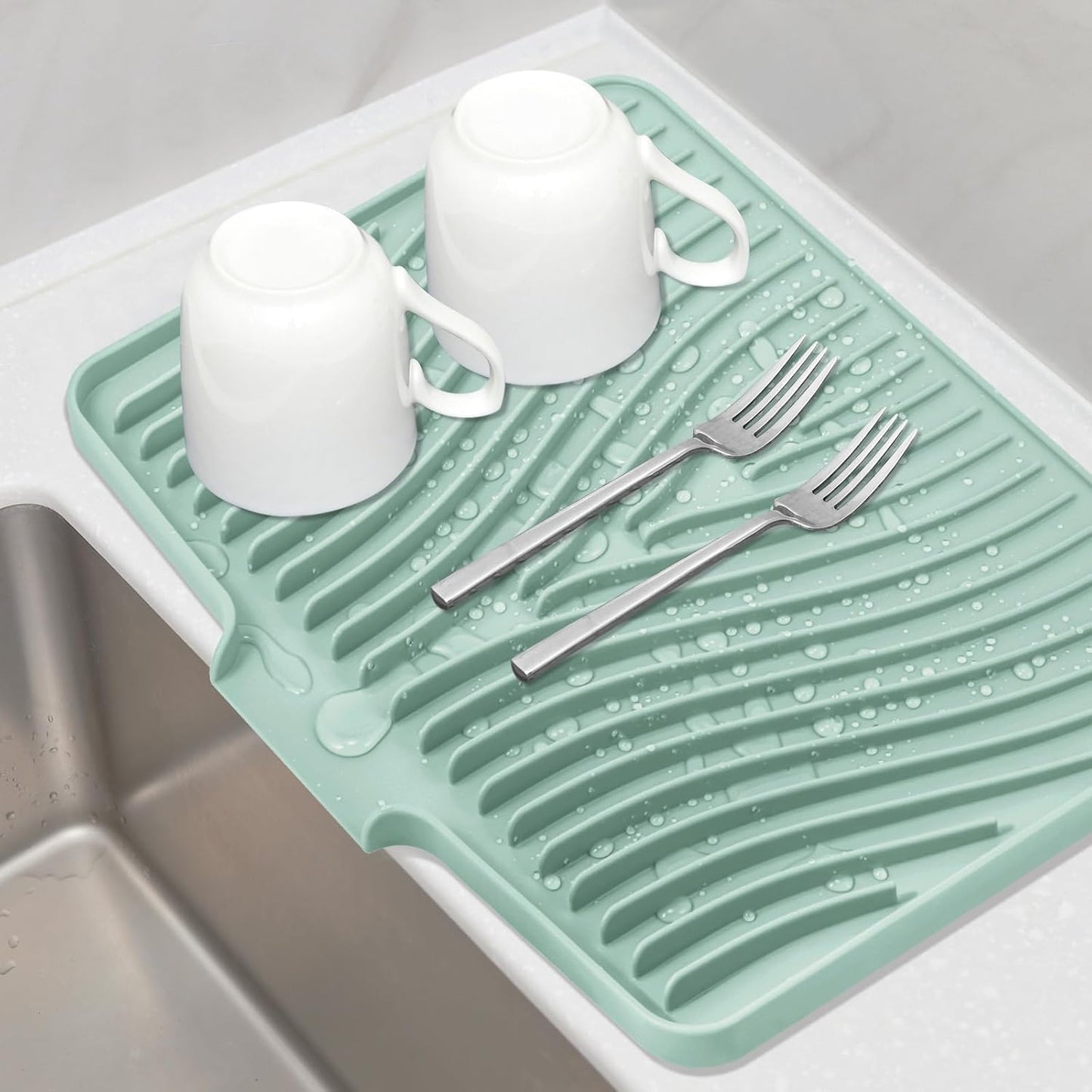 Silicone Dish Drying Mat for Kitchen Counter, Dish Drying Pad, Non-Slip Drain Pad with Built-in Drain, Heat Resistant Stone Drying Mat(15.8" x 13", Mint)