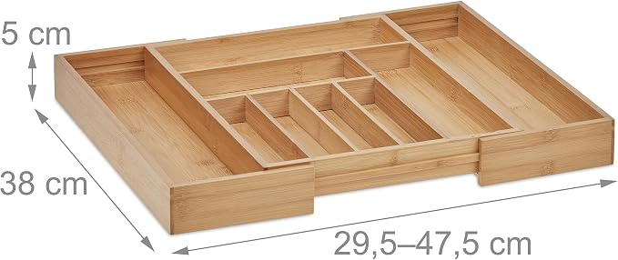 Relaxdays Cutlery Boxes, Expandable Bamboo Cutlery Tray, 7-9 Compartments, HxWxD: 5x29.5-47.5x38 cm, Natural - Image 2