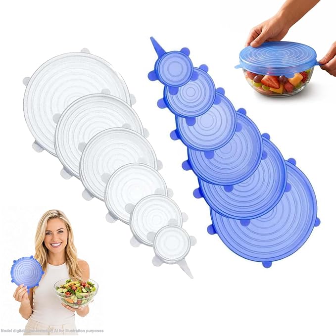 Silicone Stretch Lids 6 Pack Reusable Food Storage Covers, Blue+White 1 Set | 6 Reusable Silicone Stretch Lids • Flexible Fit • Food Storage • Microwave & Freezer Safe • Multi-Size Kitchen Covers by MENDED