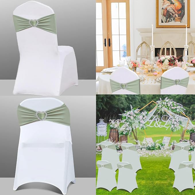 Sage Green Chair Sashes 100 Pack Spandex Sage Sashes for Chairs Covers Stretch Chair Sashes Band with Heart Buckle Slider for Wedding Banquet Party Decorations - Image 5