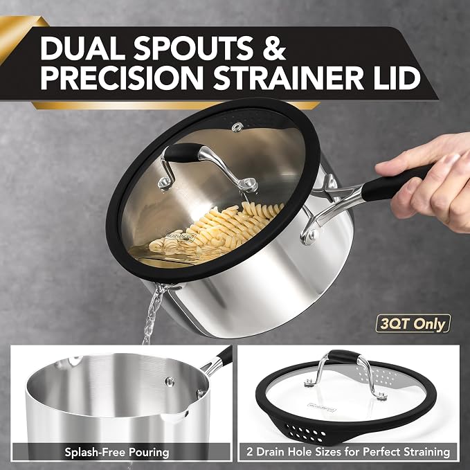 MICHELANGELO Triply Stainless Steel Saucepan Set with Strainer Lid, Heavy-duty Sauce Pan with Lid, Multipurpose Sauce Pot Induction Compatible - 1QT & 2QT & 3QT - Image 4