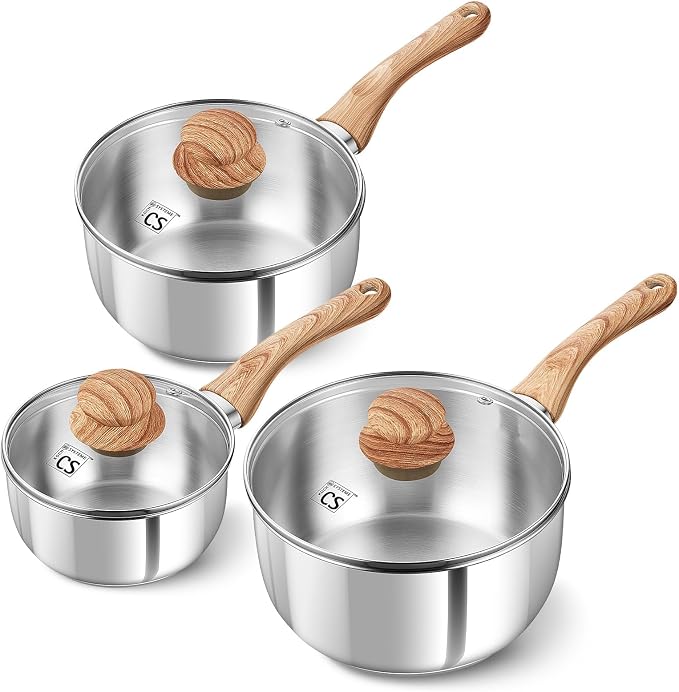 KOCH SYSTEME CS Stainless Steel Saucepan Set 1QT 2QT 3QT, 18/10 Stainless Steel Sauce Pan with Glass Lid, Even Heating Sauce Pot with Wood Grain Stay Cool Handle, Induction Compatible, Dishwasher Safe by KOCHSYSTEMECS
