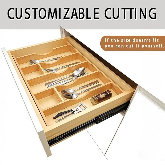 Silverware Drawer Organizer - Trim-to-Fit with Adjustable Dividers for Kitchen Utensil Storage, Beech Wood Frame with 11 Sizes (24" W x 22" D) - Image 5