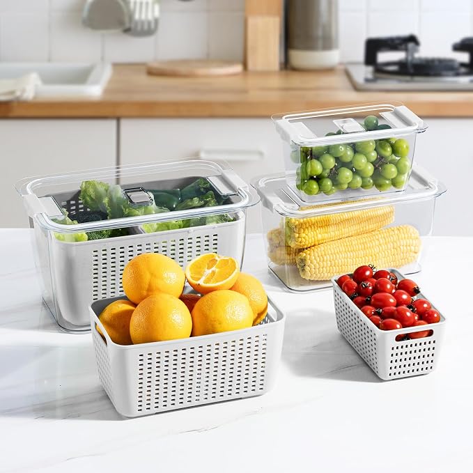 LUXEAR Fresh Container, 3PACK Produce Saver Container BPA Free Fridge Organizer for Vegetable Fruit and Salad Partitioned Food Storage Container with Vents Stay Fresh Containers Not Dishwashers Safe | BPA Free with Removable Colanders Leak-proof Fridge... - Image 6