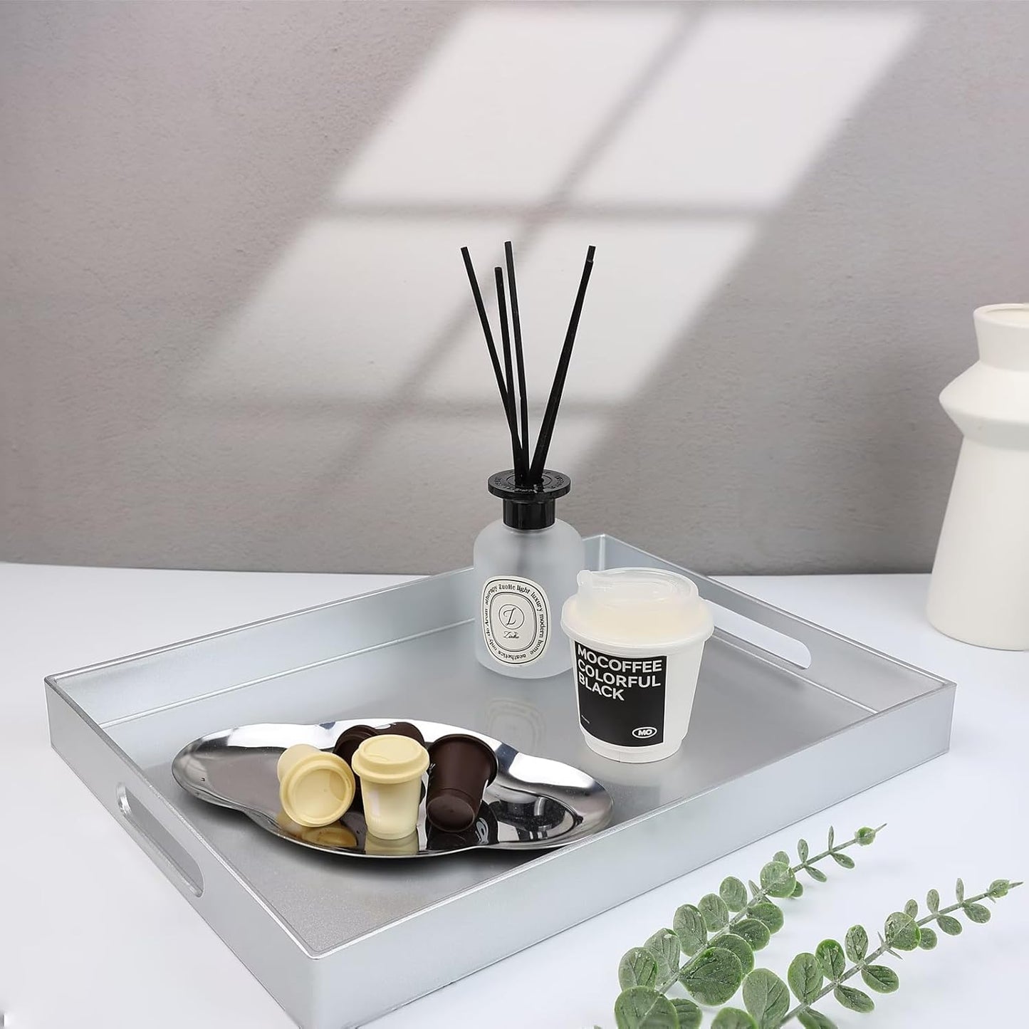 Spsyrine Silver Plastic Serving Tray for Ottoman, Coffee Table, Rectangle Decorative Tray for Entertaining, Outdoor, Living Room, Home Decor