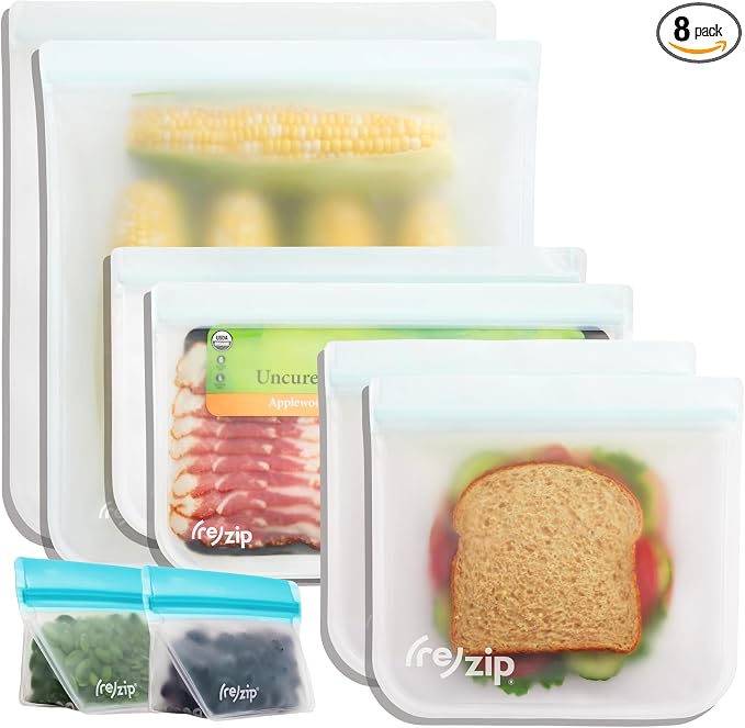(re) zip Reusable Food Storage Bag Gift Kit, Leakproof, 8-Piece, Assorted | BPA-free, food grade, freezer-safe, airtight. A ready-to-give set of our best sizes - an easy, eco-friendly gift. by rezip