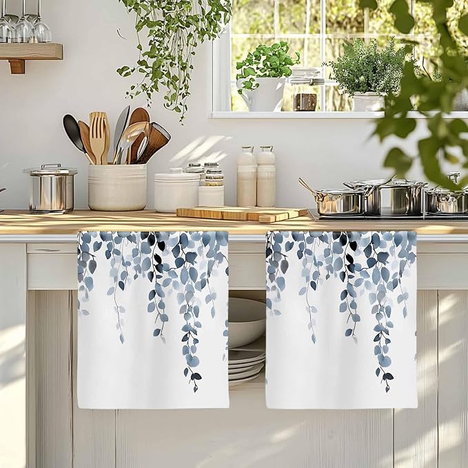 Blue Grey Eucalyptus Kitchen Towels Set of 3, Absorbent Dish Towels for Kitchen, Spring Summer Botanical Plants Chic Microfiber Hand Towel, Quick Drying Tea Towel for Cleaning Decorative Dishcloths - Image 4