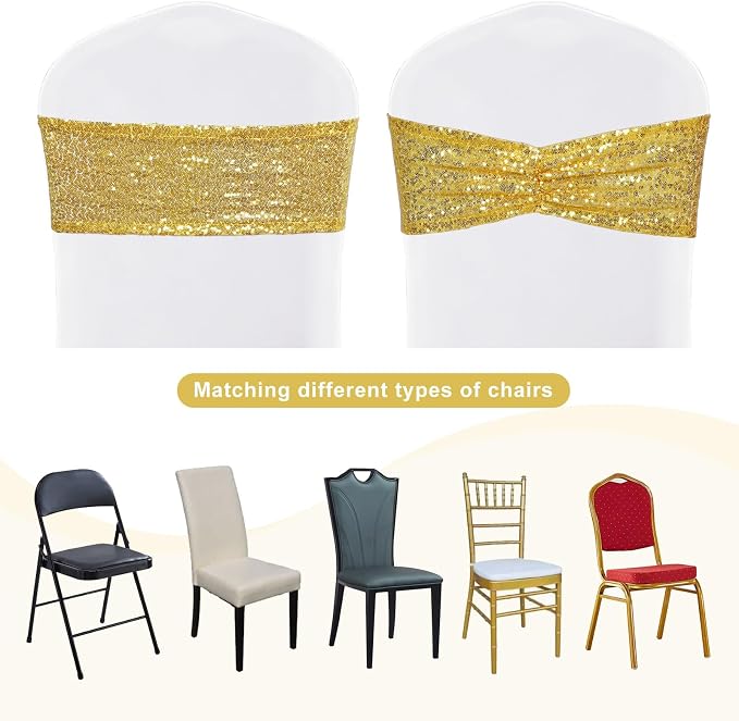 SquarePie Pack of 10 Sequin Chair Sashes Gold Glitter Decorative Bows Bands for Wedding Banquet Party Decor - Image 6
