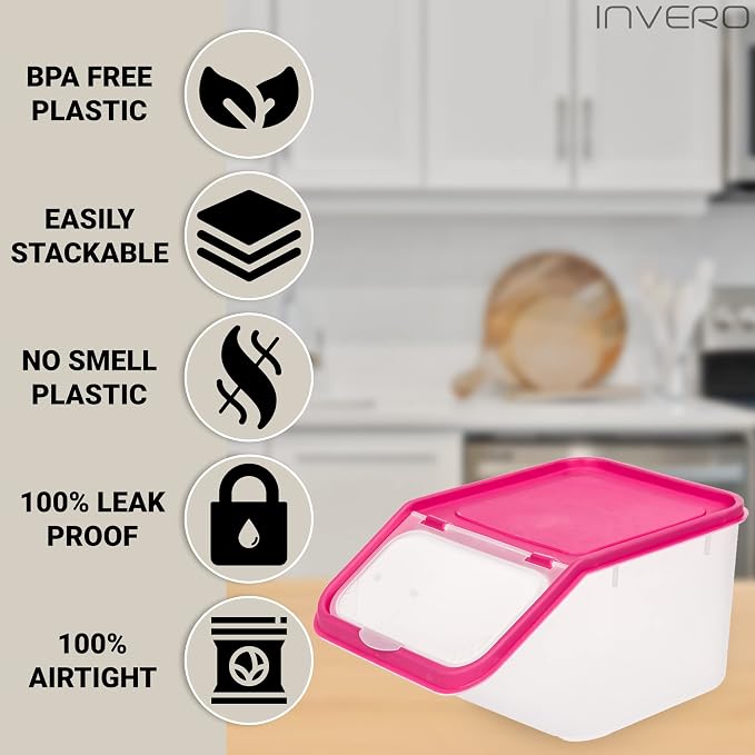 Invero® 4x Set of Kitchen Dry Food Storage Plastic Tub Containers with Scoop ideal for Pasta, Cereal, Rice, Pet Food and more - Image 3