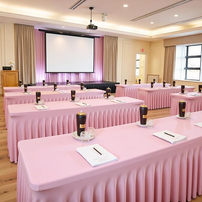 NSSONBEN 6 pk Baby Pink Spandex Tablecloth 6ft with Ruffle Table Skirt, Wrinkle Free Stretchy Fitted Tablecloths for 6 Foot Rectangle Tables, Elastic Spandex Table Covers for Weddings Parties Banquet - Image 8