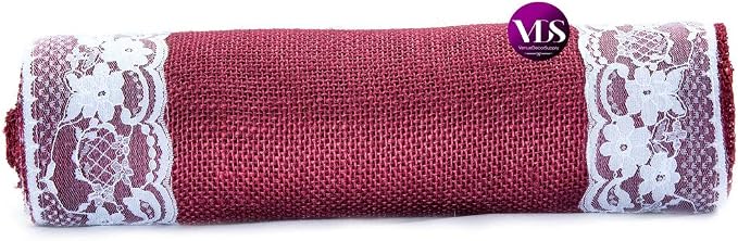 VDS Pack of 5, Burlap Table Runner with White Lace Edge, 100% Natural Jute Rustic Hessian Table Cloth Centerpiece for Wedding Birthday Party Banquet Table Decoration (Size 12X108 Inch)(Maroon) - Image 4
