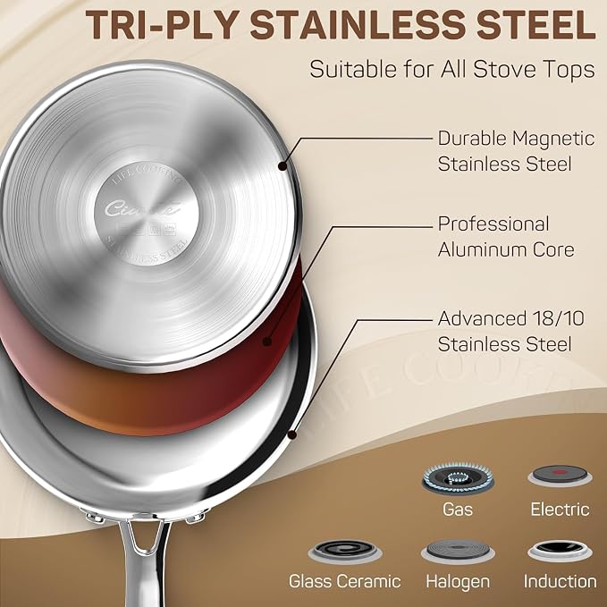 Ciwete 3 Qt Stainless Steel Saucepan with Glass Strainer Lid, 3 Quart Pot Stainless Steel Sauce Pan with Pour Spout, Mirror Polishing, Compatible with All Cooktops Dishwasher Safe Oven Safe - Image 2