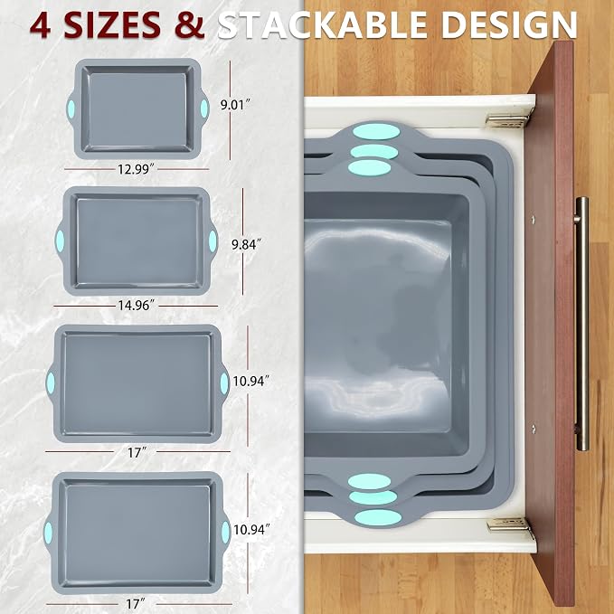To encounter Silicone Baking Pans Set, 4 Pieces Nonstick Bakeware Set with Baking Pans, Baking Sheets, Cookie Sheets, Cake Pan with Grips and Metal Reinforced Frame More Strength, Light Grey - Image 6
