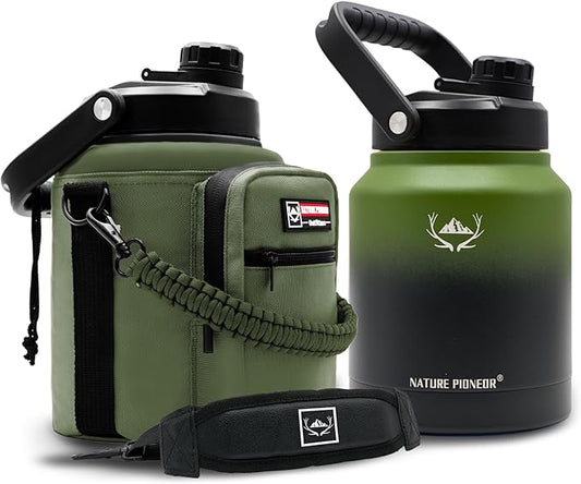 NATURE PIONEOR 84 oz Insulated Water Bottle Jug with Carrier Bag | 18/8 Food-grade Stainless Steel, Double Vacuum Insulation, Wide-Mouth, Straw & Spout Lid, Strap, Camping, Hiking, Gym, Work by NATUREPIONEOR